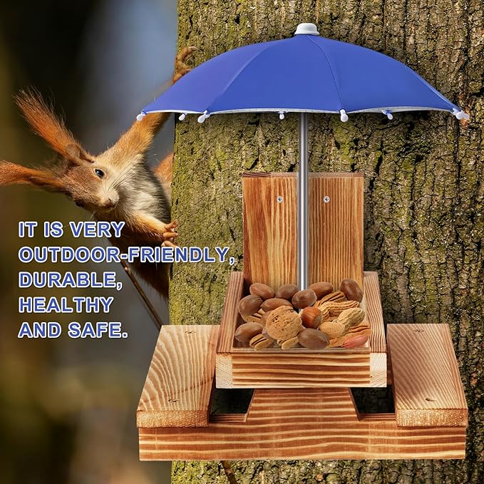Gnodary Squirrel Feeder with Umbrella, Squirrel Feeders for Outside, Squirrel Picnic Table Feeder - Chipmunk Feeder Hold Corn, Corn Cob, Peanuts Style2 (Blue)