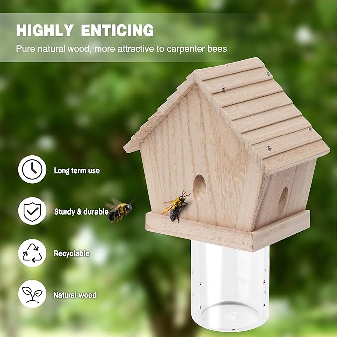 GRTRE 4 Pack Wood Carpenter Bee Trap for Outside - Nature Chalet Style Carpenter Bee Traps Outdoor Hanging