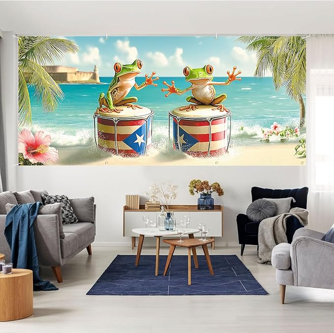 6 * 13FT Summer Puerto Rico Garage Door Cover Decorations Sunset Palm Trees Garage Door Banner for Outdoor Indoor Summer Party Photography Backdrop