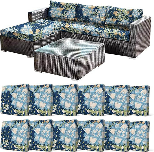 CALBODE 12Pcs Stretch Patio Cushion Cover, Printed Couch & Sofa Slipcovers for Patio Furniture Cushions Washable Reusable Couch Covers Replacement for Autumn Winter (Dark Blue Floral, Cover Only)
