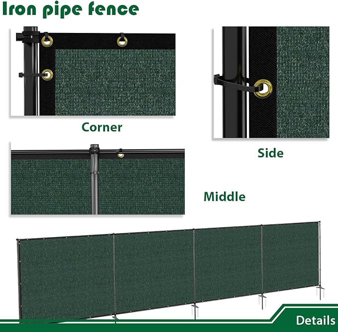 6'Hx146'W Outdoor Freestanding Privacy Screen Fence Panels with Iron Poles, Mesh Shade Net Cover Temporary Fencing for Patio Backyard Garden Deck, Green