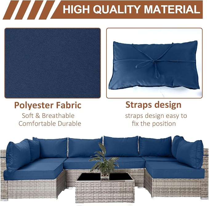 14 Piece Outdoor Patio Cushion Covers Replacement, Waterproof Outdoor Furniture Cushion Covers, Fit 7 Pcs 6 Seater Wicker Rattan Patio Conversation Sofa Set,Sky Blue,25.6x25.6