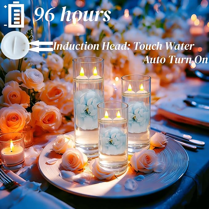 24 Pack Flameless Floating Candles and Floating Flower Led Battery Operated Waterproof Tea Lights for Cylinder Vases Centerpieces at Wedding, Party, Pool Decor Blue