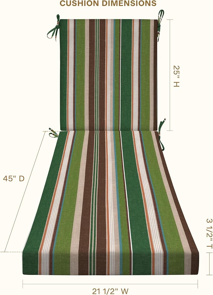 Honeycomb Outdoor Chaise Lounge Cushion for Patio Furniture, Water & Fade Resistant, Removable Cover, 21.5 x 70, Heritage Stripe Pine Green