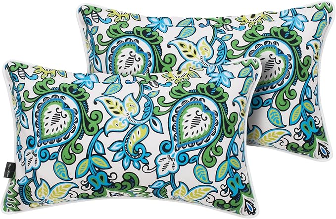 Pack of 2 Outdoor Waterproof Lumbar Rectangular Throw Pillow with Insert, Home Decorative Toss Pillows All Weather Cushion for Patio Garden Car Office (12x20 Inch, Botanical Blue Green)