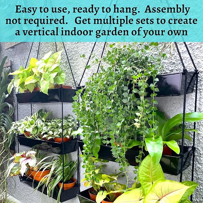 LaLaGreen Bundle- 1 Pack, 3-Tier Hanging Metal Planter + 10 Pack, 4 Inch Black Metal Pot Wall Mounted Modern Indoor Flower Herb Plant Holder Rail Deck Fence Balcony Outdoor Box Garden Home Patio Decor