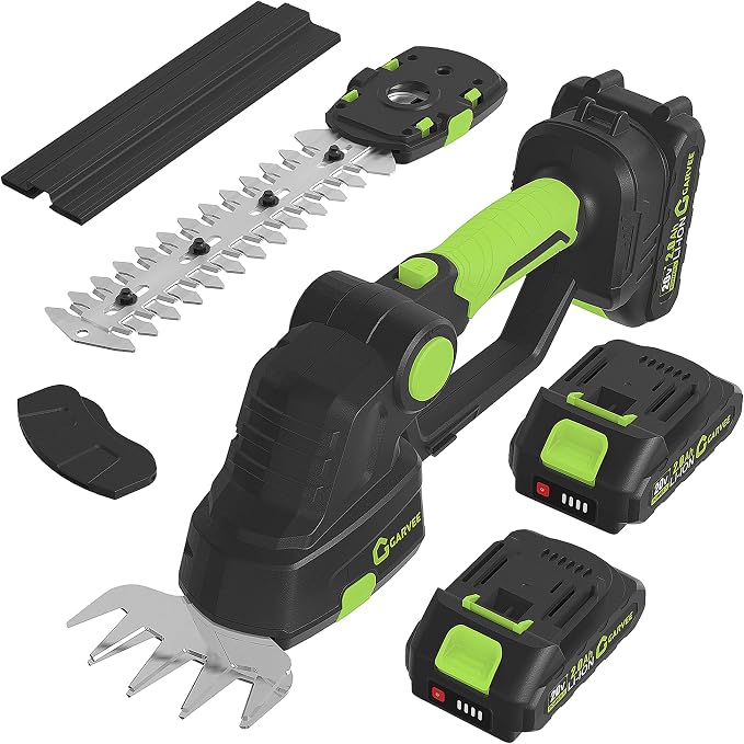 Cordless Hedge Trimmer, 2-in-1 Electric Hedge Trimmer, 20V 2.0Ah Grass Shears and Hedges Trimmers, with 2 Battery and Charger, Usage Time Can Last Up to 120 Minutes, for Gardens, Yards and Lawns