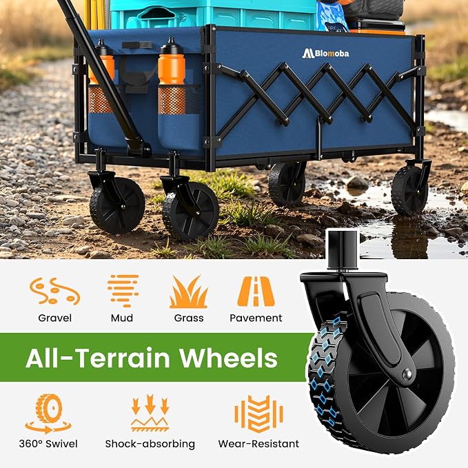 35'' Extra Long Collapsible Wagon with Wheels, 220 LBS Folding Wagon with 360° Swivel Wheels Adjustable Handle, Lightweight Portable Utility Cart for Grocery, Shopping, Garden, Sports, Camping, Blue