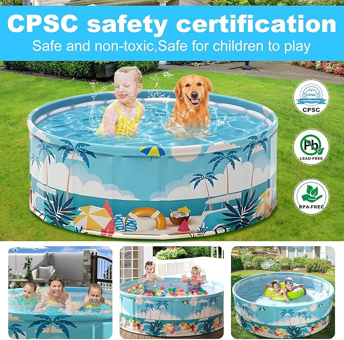 Foldable Swimming Pool for Kids 47.2"x17.7" Hard Plastic Portable Dog Pool Anti-Slip Collapsible Pets Bathtub Kiddie Pool Indoor Outdoor Backyard (Beach Party 48'')