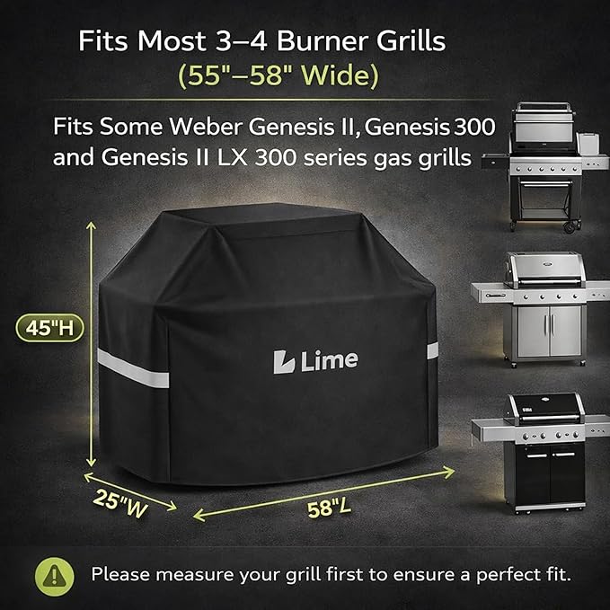 Lime Grill Cover - 58 Inch Heavy Duty BBQ Grill Cover for Outdoor Grill, Waterproof, UV, Fade & Tear Resistant, Gas Grill Cover for Weber Charbroil Genesis Nexgrill and More