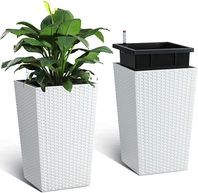 Garvee Set of 2 Tall Rattan Planters, 16 Inch Black Planters for Indoor Outdoor Plants, Flower Pots with Drainage & Water Level Window for Porch, Patio & Balcony