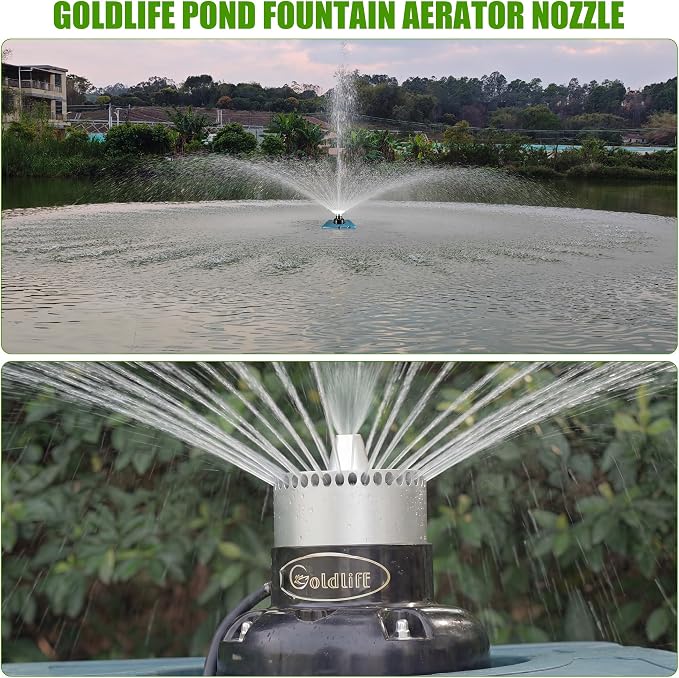 Goldlife Pond Fountain Aerator Nozzle - 1 x N1 Nozzle, Al-Alloy Silver, 36ft Wide 16ft High Double-Layer Water Spray Sprinkler Head, Replacement Fountain Aerator Pump Nozzle for Garden Pond Lake