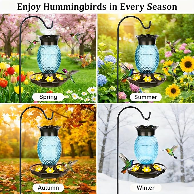 Fchstaer Glass Hummingbird Feeders for Outdoors Hanging Ant and Bee Proof 16OZ 2 Pack Blue Pineapple Humming Bird Feeder with 6 Feeding Ports and Ant Moat Hummingbird Gifts for Women Garden Decor