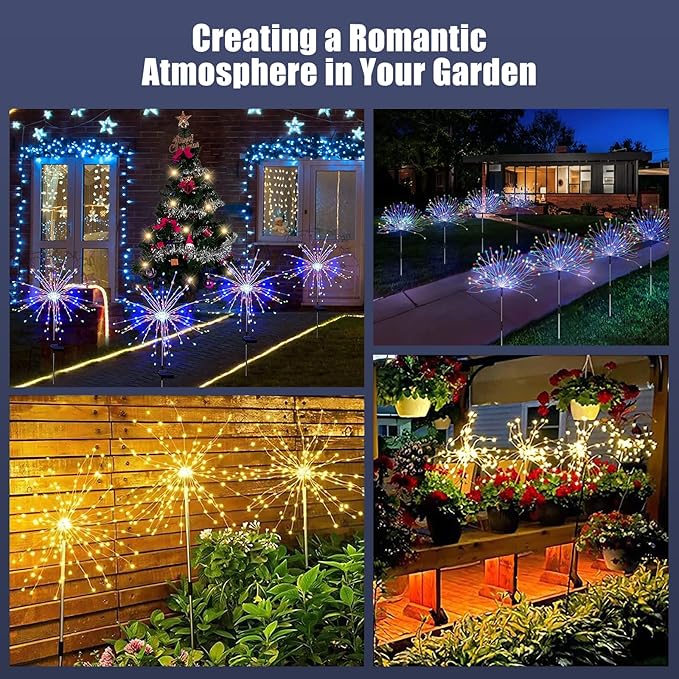 DONGULI Outdoor Solar Garden Lights, 120 LEDs 8 Lighting Modes Waterproof Solar Fireworks Light Sparklers for Patio Walkway Yard Courtyards Pathway Christmas Party Decorations, Colorful(2 Pack)