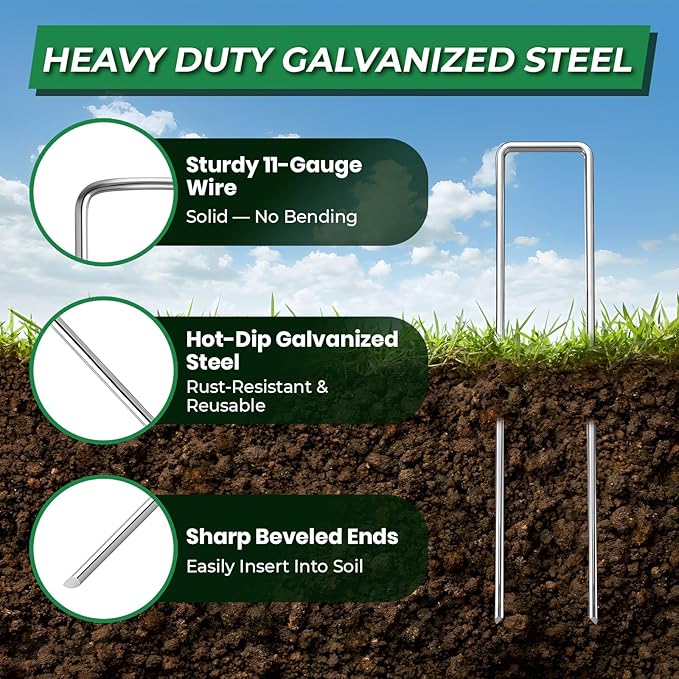 6 Inch Landscape Fabric Staples, 50Pcs Garden Stakes Galvanized +50Pcs Gasket +Pick Hook +Rubber Mallet, U Shaped Weed Barrier Stakes 11 Gauge Lawn Staples Landscape Pins for Yard, Sod, Weed Mat