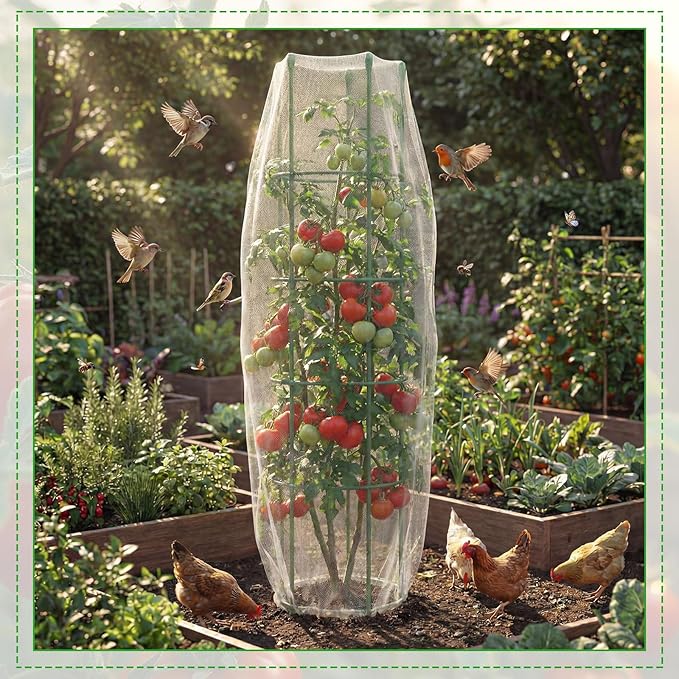 Qunclay 2 Pack Round Tomato Cages with 2 Pcs Garden Bird Netting Cover,57 in Adjustable 4-Tier Tomato Plants Trellis, Drawstring Plant Protection for Vertical Climbing Plants Vegetables Fruits