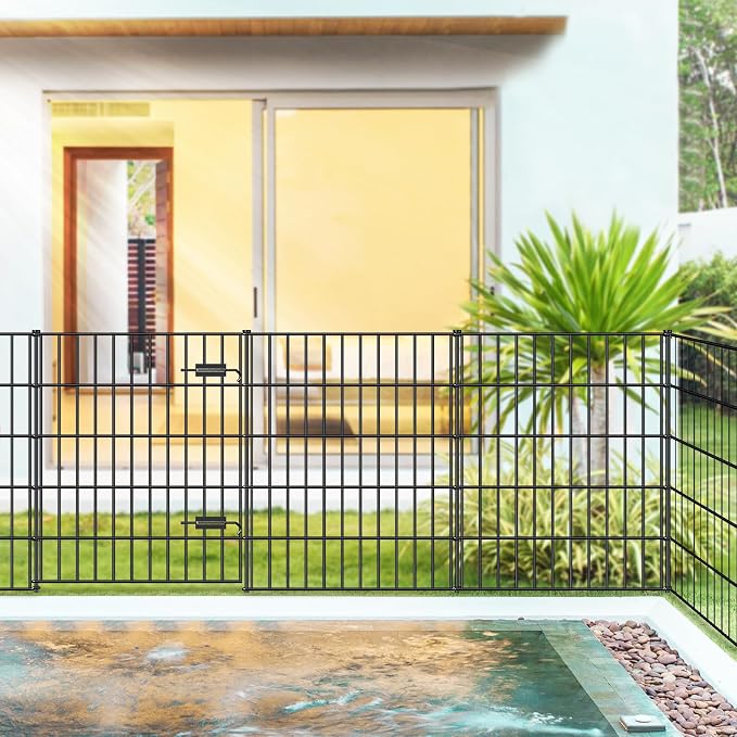 FOREHOGAR Metal Garden Fence with Gate 33.3in (H) x 23.3ft (L), 1 Gate + 9 Panels Dog Fence Border Fence Animal Barrier, No Dig Garden Fencing for Yard Flower Bed Lawn Patio Outdoor, PIN332810G Black