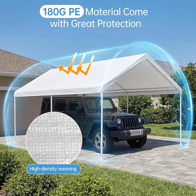 Carport Canopy Replacement Cover, 180G Heavy-Duty PE Fabric Garage Canopy Replacement Cover, 10×20FT Carport Tent, White (Frame not Included)