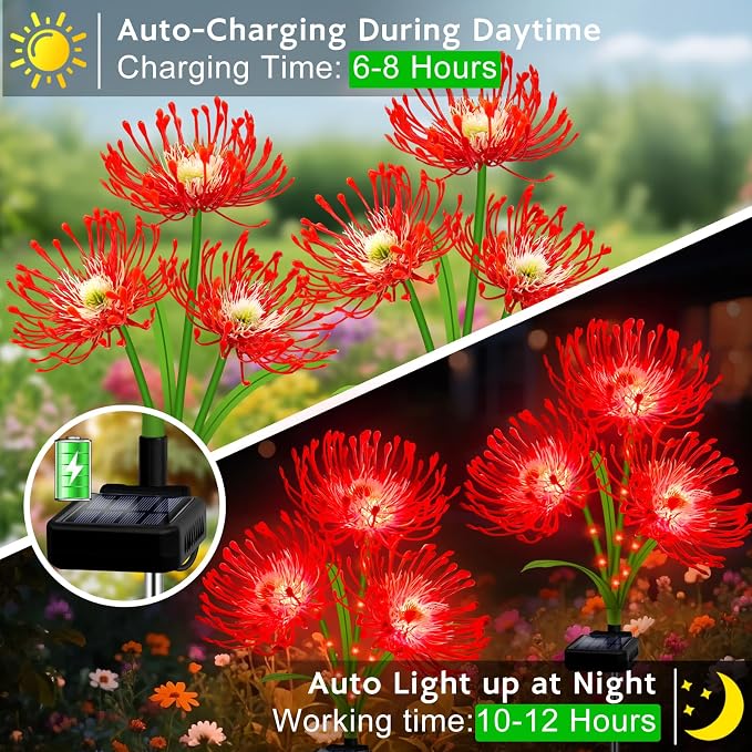 Solar Garden Flower Lights Outdoor, 8 Pack Red Spider Lily with Glowing Stems, Waterproof LED Yard Lawn Pathway Decor, Elegant Patio Garden Decoration, for Mom, Grandma, Women
