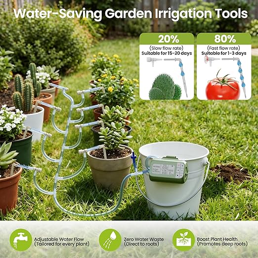 Garden Drip Irrigation System Timed Watering, Programmable Solar Water Drip for 15 Plants, Drip Irrigation Kit with 33FT 1/4'' Tube, 15x Tee Fitting, 15x Flow Valve, 15x Drip Stake(Battery Powered)