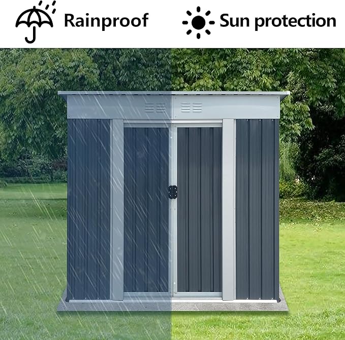 KEIKI 6x4 FT Outdoor Storage Shed with Pent Roof and Lockable Sliding Door, Small Waterproof Galvanized Steel Storage House with Aluminum Alloy Frame for Garden, Backyard, Patio, Lawn, Grey & White