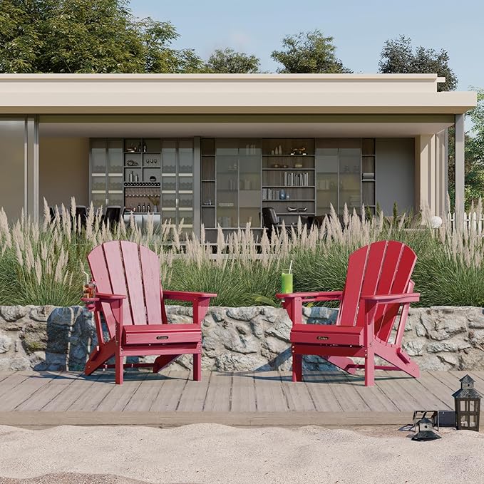 Ciokea Folding Adirondack Chair 2 Pack, Patio Adirondack Chair Weather Resistant, Plastic Fire Pit Chair with Cup Holder, Lawn Chair for Outdoor Porch Garden Backyard Deck (Red)