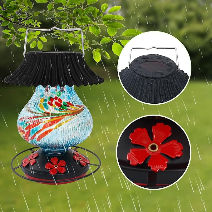 Solar Hummingbird Feeder-5 Feeding Ports with Perch, Hand Blown Glass Blue Tree Sea Color Changing-Never Leak, Multicolor Night Lights – Perfect Hummingbird Feeder for Outdoors for Nature Enthusiasts