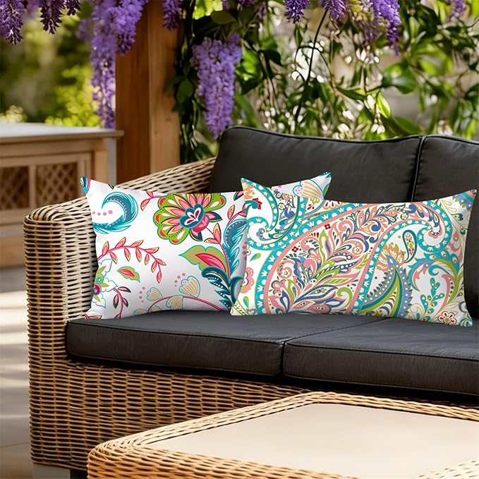 NIGHTWISH Outdoor Waterproof Pillow Covers 12x20 Set of 4 Spring Summer Floral Boho Decorative Outdoor Throw Pillows Paisley Cushion Cases for Patio Furniture Bench Couch Sunbrella