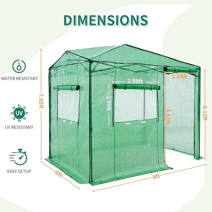 EAGLE PEAK 6x8 Portable Walk in Greenhouse, Pop Up Indoor Outdoor Greenhouse, Green House Kit with Zippered Roll-Up Doors and Windows, Side Door Design, PE Cover, Clear/Green