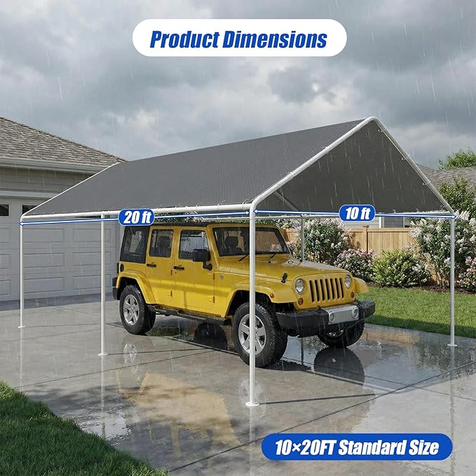 10x20Ft Carport Replacement Canopy Cover, Heavy Duty Waterproof Garage Top Shelter Cover Car Canopy with Ball Bungees,Gray(Frame Not Include)