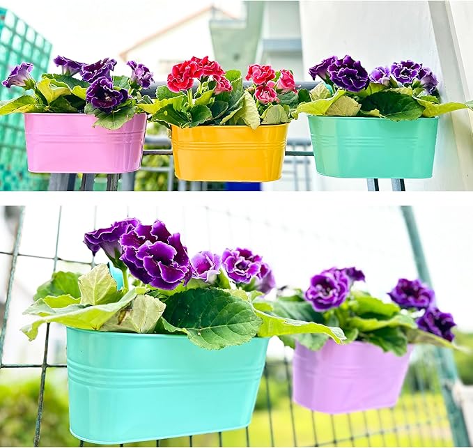 LaLaGreen Rail Planter (17 Inch, 6 Pack) Colorful Outdoor Hanging Flower Metal Planters Railing Fence Balcony Gardening for Apartment Patio Modern Garden Style Iron Deck Decoration Porch Decor Pots