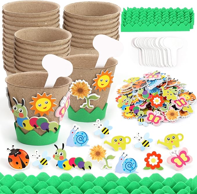 Ayfjovs Garden Paper Pot Craft Kit, 55 Pack Flower Plant Spring Craft for Kids with 200 PCS Adhesive Foam Stickers and 55 PCS Plastic Plant Labels for Kids Craft, Classroom Decor, Mother's Day