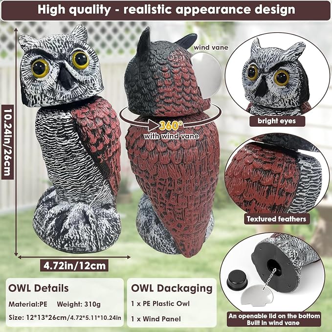 Fake owl Statue Decor 1Pack with Wind Panel, Fake Owls Waterproof for Garden Plant Orchard, Plastic owl Decor for Outside Indoor Patio Garden Yard Home Outdoor Decor