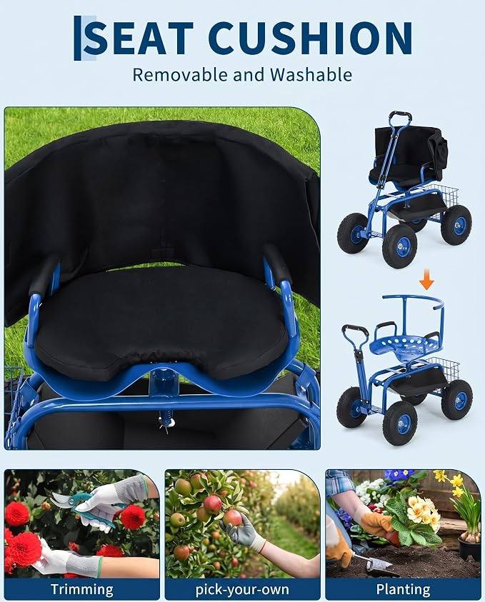 Rolling Garden Work Seat with Wheels, 360° Swivel Seat Gardening Cart with Extendable Steering Handle, Tool Tray and Storage Basket, 300 lbs Capacity, Gardening Stools for Patio, Yard, and Outdoors