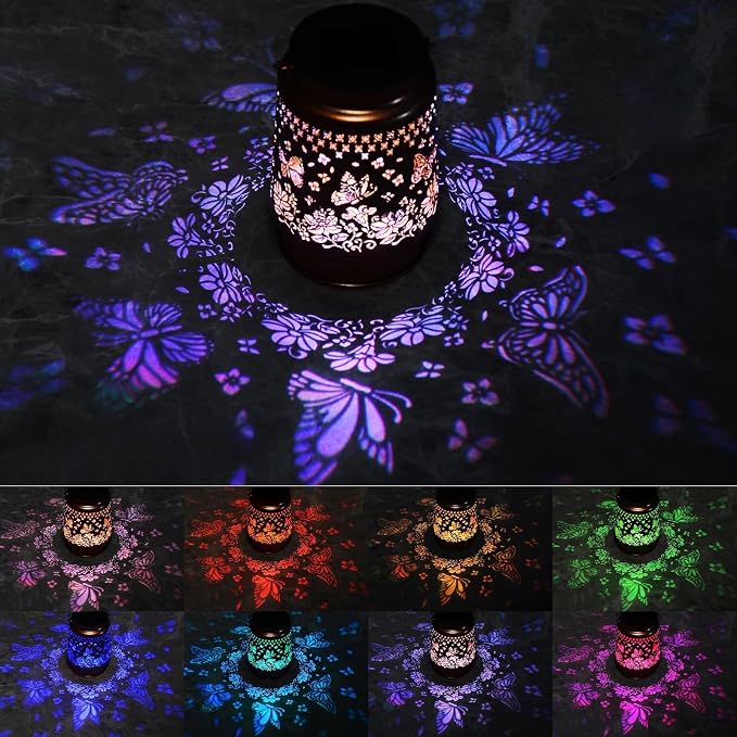 Butterfly Solar Colorful Lanterns Outdoor Waterproof Hanging, Gifts for Mom Grandma Women, Automatic Color Changing Light, Metal Decor Lanterns for Garden Patio Yard Lawn Backyard