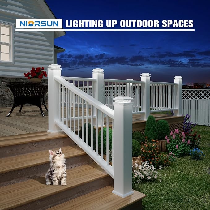 NIORSUN Solar Post Lights Outdoor, Fence Post Solar Lights Cool White, Waterproof, Garden Patio Fence Deck Decor, 4x4 Posts Cap Wood Vinyl, 5x5 Vinyl, White 8 Pack