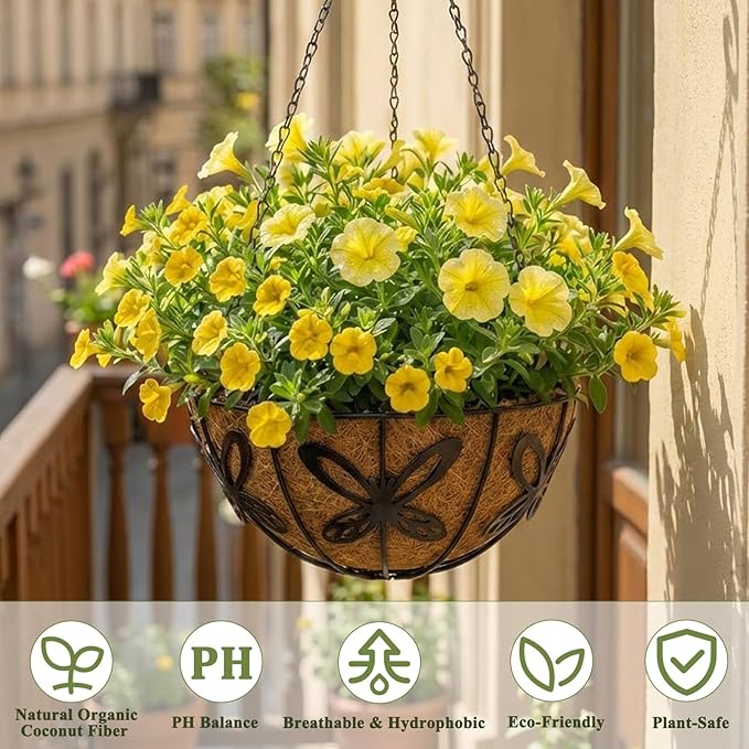 3 Pack Hanging Baskets for Plants Outdoor 10 Inch Butterfly Metal Hanging Planters with Coco Coir Liner, Round Hanging Flower Basket for Home Garden Patio Balcony Porch