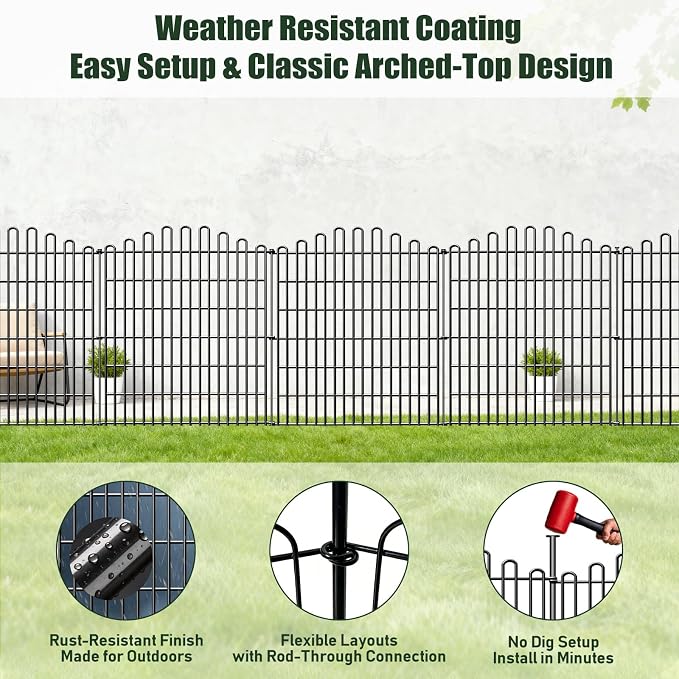 15 Panels No Dig Decorative Garden Fence, 33in H x 35.4ft L Animal Barrier Fencing, Rustproof Dog Fence Outdoor for Yard, Metal Wire Panel Border, Classic Arched-Top Panels for Patio, Flower Bed