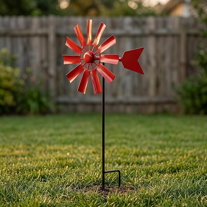 BinaryABC Outdoor Yard Windmill Metal Wind Spinner,Wind Sculptures Spinners Yard Decor Pinwheel,for Garden Yard Lawn Patio Decoration (Red)