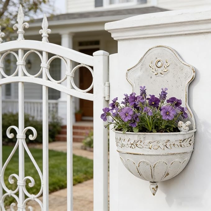 Vintage Rustic Wall Planter Distressed Decor Iron Hanging Plant Basket Shabby Metal Wall Mounted Flower Holder Pot Stand for Indoor Outdoor Home Balcony Patio Farmhouse Garden Decorative Bird White