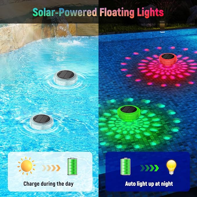 VICHTOP Solar Floating Pool Lights - 2 Pack, RGB Color Float Pool Lights, IP68 Waterproof, Pool Decor Lighting Accessories for Inground, Above Ground Pools, Outdoor, Garden, Party Decoration