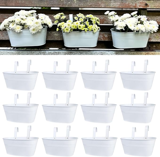 LaLaGreen Outdoor Plants Rail Planter (11.2 Inch, 12 Pack) White Metal Iron Hanging Flower Pots Deck Railings Fence Balcony Modern Boho Style Wall Mount Window Box Plant Holder Hooks Porch Home Décor