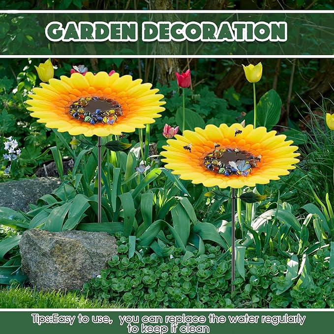Tandefio Vivid Flower Bee Watering Station Metal Butterfly Water Feeder Cup with 30 Colorful Glass Marbles Bee Feeder Butterfly Bath Bowl for Garden Outdoor Yard Decors(Yellow Red,Sunflower)