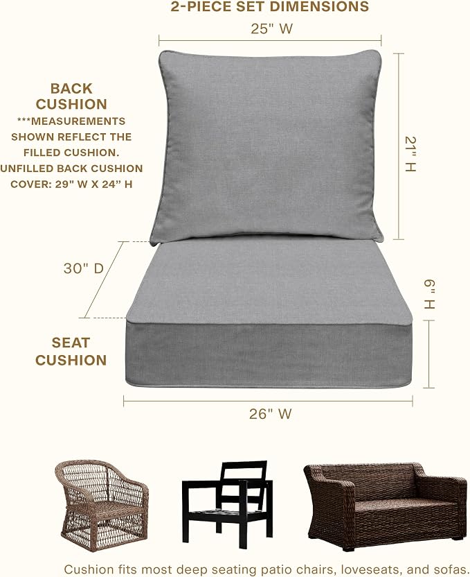Honeycomb Outdoor Heritage Deep Seat, 26 x 30, Textured Solid Platinum Grey Chair Cushion with Removable Cover, for Patio Furniture