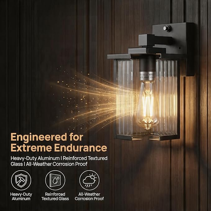 2 Pack Dusk to Dawn Outdoor Lighting, Modern Wall Sconce with Textured Glass, Waterproof IP65 Exterior Light Fixture, Soft Glow Warm Ambiance for Front Door Porch Garage, 10.6 Inch Height, Black