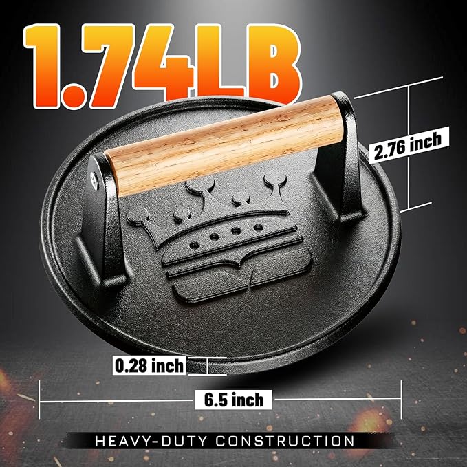 Smash Burger Press 6.5”, Cast Iron Flat Round Edge Grill/Bacon/Meat/Hamburger/Chef Press with Wood Handle, 1.74lb Hamburger Press Patty Maker, Nonstick Burger Smasher for Blackstone Griddle