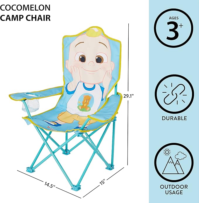 Cocomelon Kids Folding Camp Chair with Carry Bag,Indoor/Outdoor Portable Chair, Lightweight & Compact, Great for Travel, Camping, Beach, Ages 3+