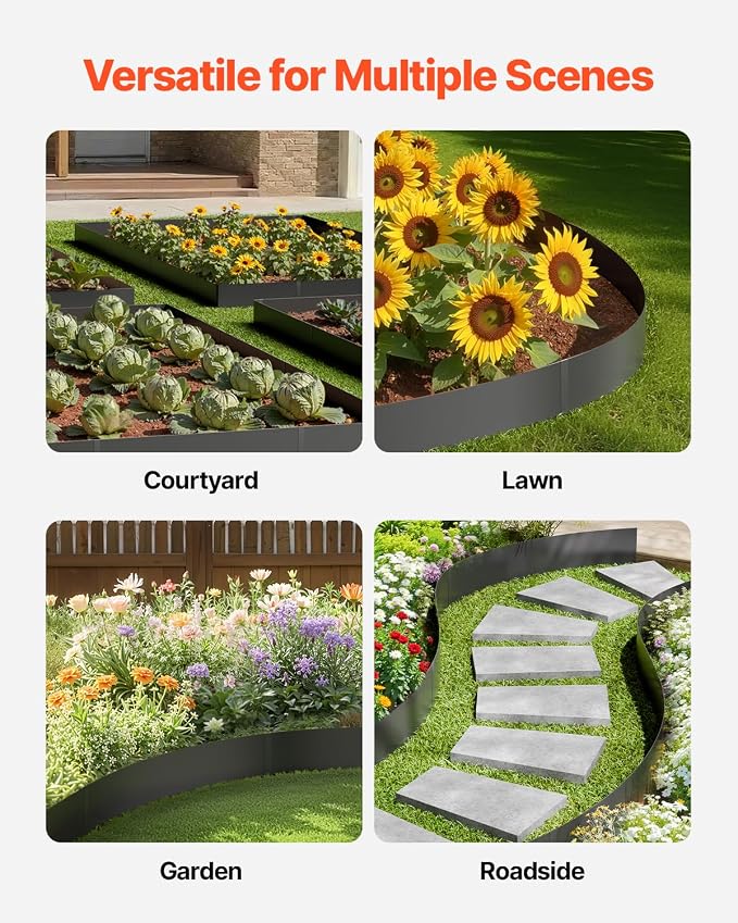 VEVOR Steel Landscape Edging, 6 Packs 40 x 6 in Rust-Resistant Metal Landscape Edging, Bendable Garden Edging Border, Heavy Duty Lawn Edging, Easy-to-Install, Flower Bed Yard Pathway Divider Black