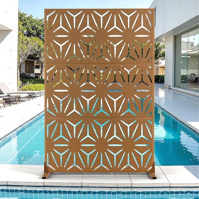 Metal Privacy Screen for Outdoor & Indoor Use, Free Standing Privacy Screen for Patio Garden Pool, 72" H x 47" W Decoative Privacy Panels, Weather Resistant, Easy Assembly (Brown Star)