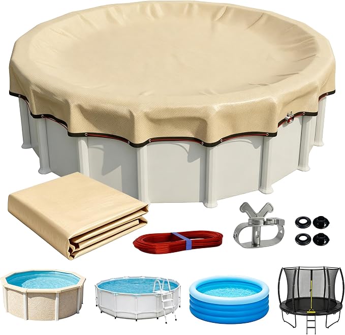 [Ultra-Thick] 24FT Pool Covers for Above Ground Pools, Easy Install Remove | [Upgrade] 195GSM Extra 4FT Overlap 17x17 Mesh, Heavy-Duty Winch, 500D Oxford UV & Tear Resistant,Reinforce Edge